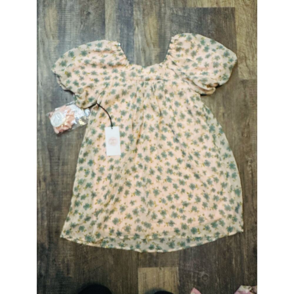Poppies & Roses Girls Pink Blue Floral Puff Sleeve Casual Dress Size Small NWT - Picture 2 of 5